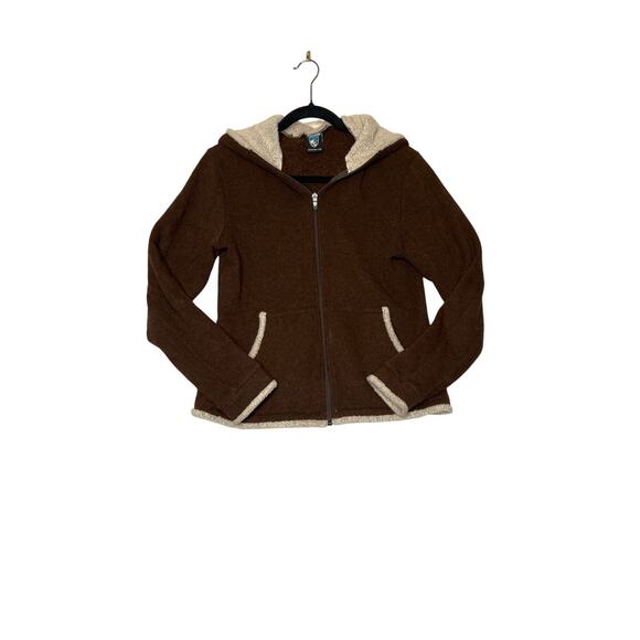 Kuhl size M jacket brown/cream zip up hooded soft cozy **flaws see photos - Picture 1 of 10